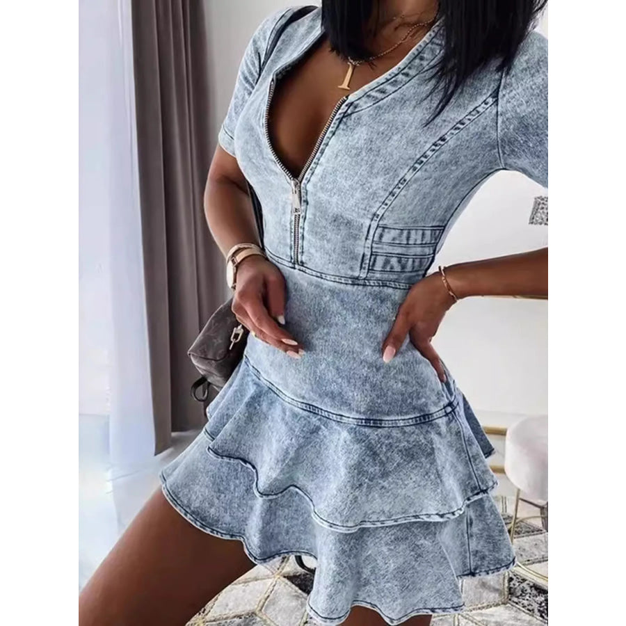 Front Zipper Ruffled Layered Denim Dress Apparel and Accessories