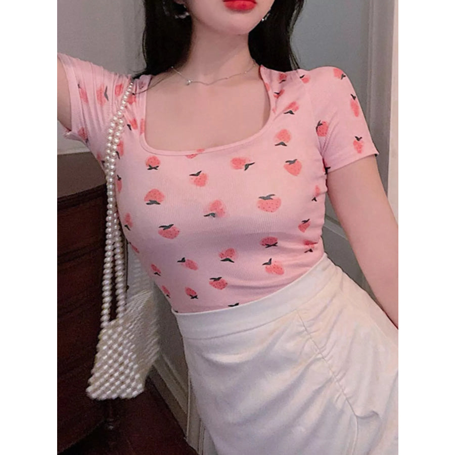 Fruit Print Square Neck Slim Fit T-Shirt Apparel and Accessories