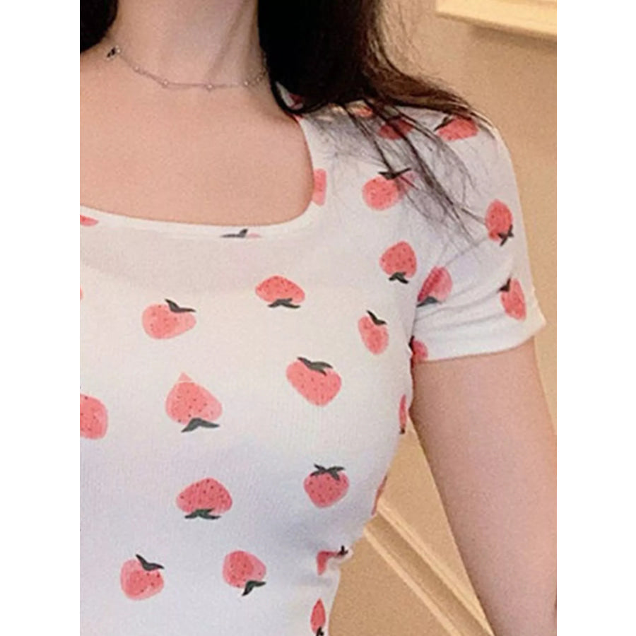 Fruit Print Square Neck Slim Fit T-Shirt Apparel and Accessories