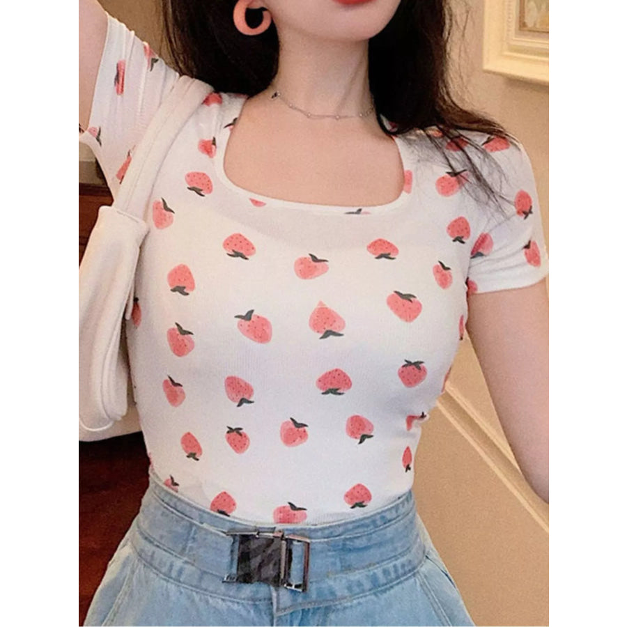 Fruit Print Square Neck Slim Fit T-Shirt Apparel and Accessories