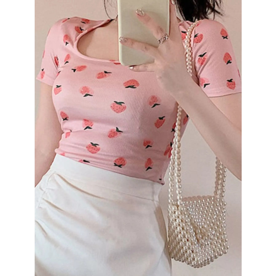 Fruit Print Square Neck Slim Fit T-Shirt Apparel and Accessories