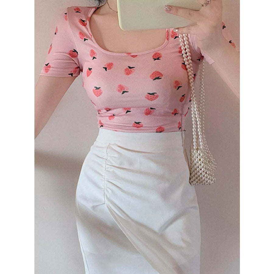 Fruit Print Square Neck Slim Fit T-Shirt Apparel and Accessories