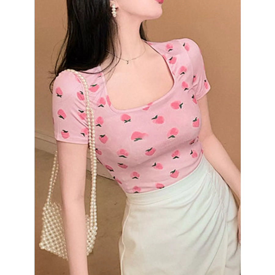 Fruit Print Square Neck Slim Fit T-Shirt Pink / M Apparel and Accessories