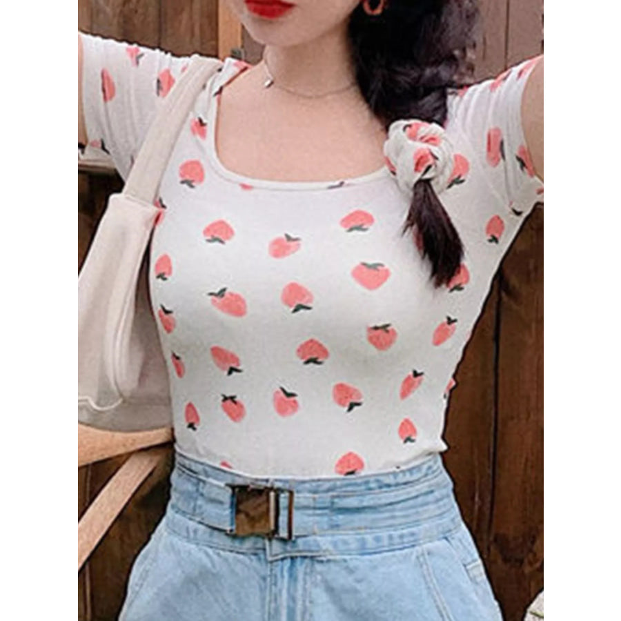 Fruit Print Square Neck Slim Fit T-Shirt White / M Apparel and Accessories