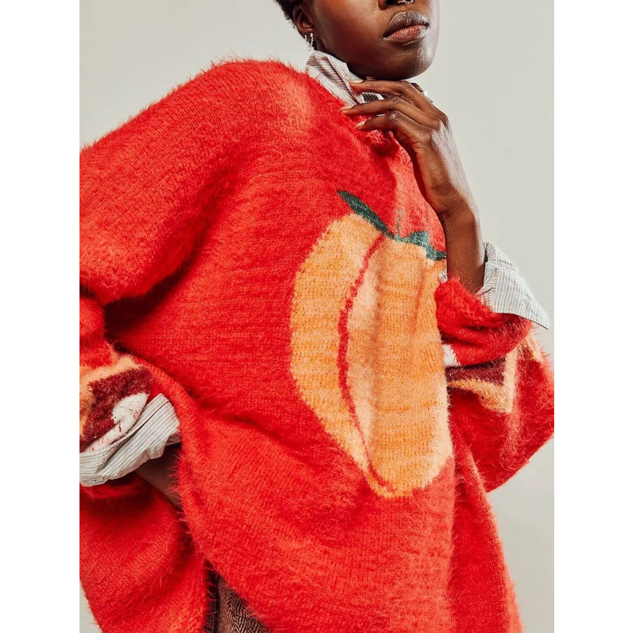 Fruit Round Neck Long Sleeve Sweater Apparel and Accessories