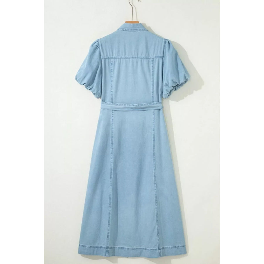 Full Buttons Collared Short Bubble Sleeve Long Denim Dress Apparel and Accessories