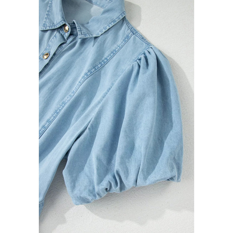 Full Buttons Collared Short Bubble Sleeve Long Denim Dress Apparel and Accessories