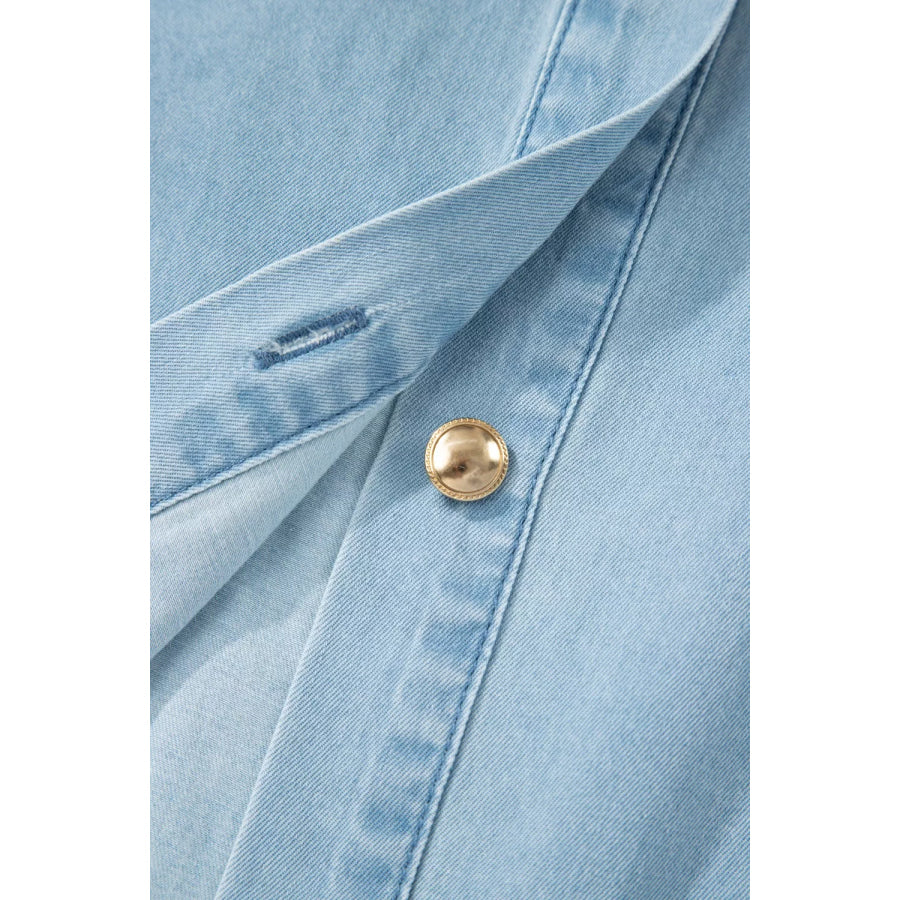 Full Buttons Collared Short Bubble Sleeve Long Denim Dress Apparel and Accessories