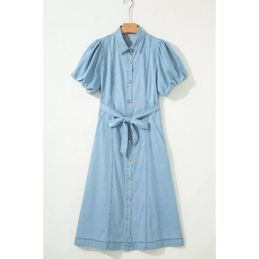 Full Buttons Collared Short Bubble Sleeve Long Denim Dress Apparel and Accessories