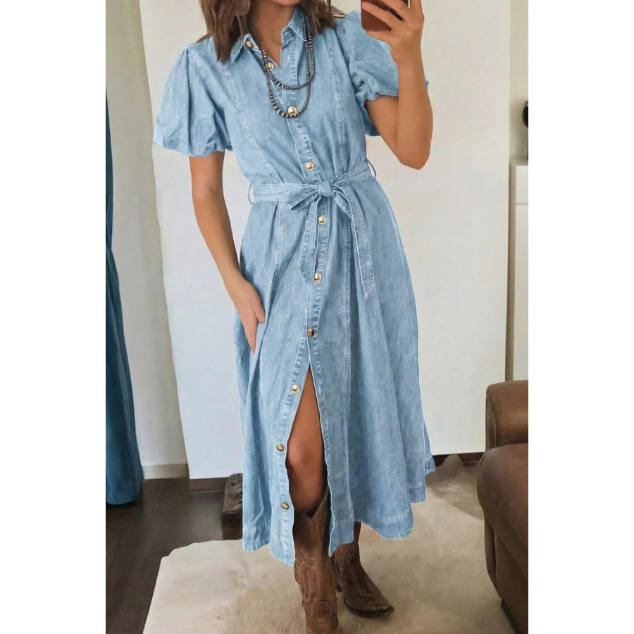 Full Buttons Collared Short Bubble Sleeve Long Denim Dress Apparel and Accessories