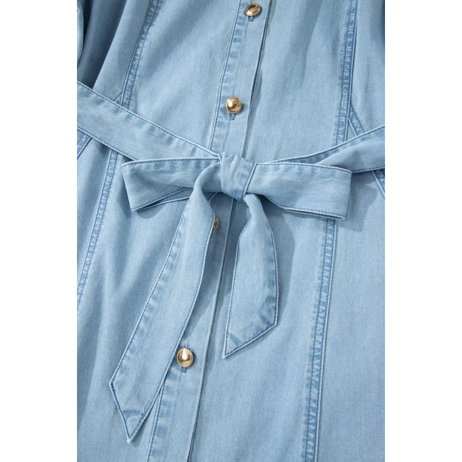 Full Buttons Collared Short Bubble Sleeve Long Denim Dress Apparel and Accessories
