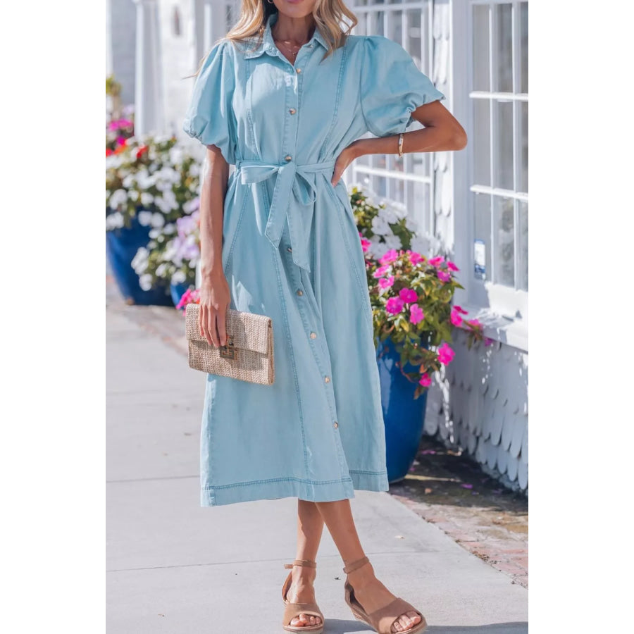 Full Buttons Collared Short Bubble Sleeve Long Denim Dress Apparel and Accessories