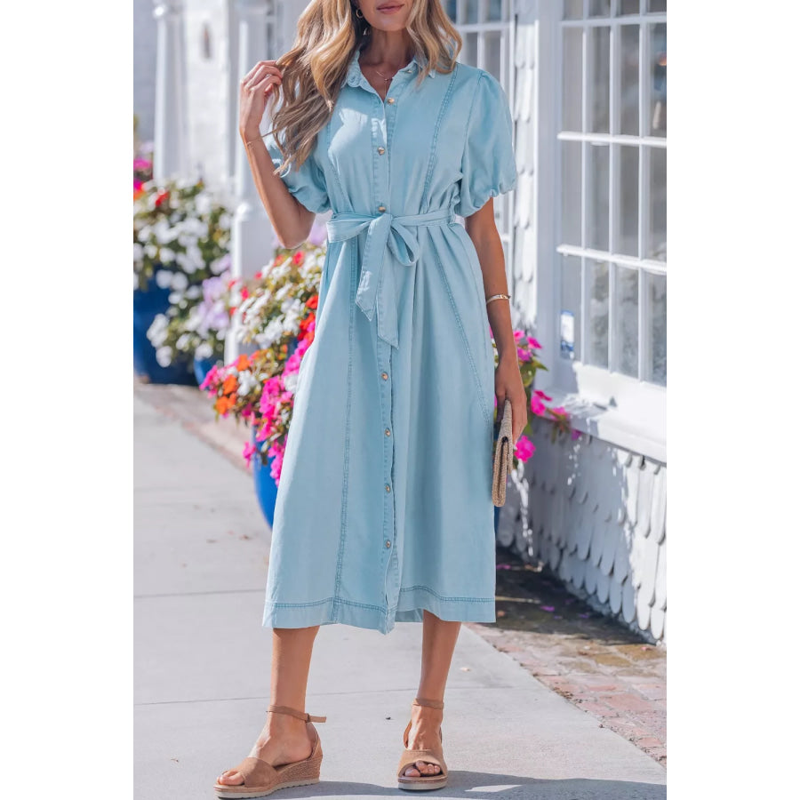 Full Buttons Collared Short Bubble Sleeve Long Denim Dress Apparel and Accessories