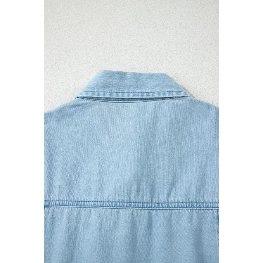 Full Buttons Collared Short Bubble Sleeve Long Denim Dress Apparel and Accessories