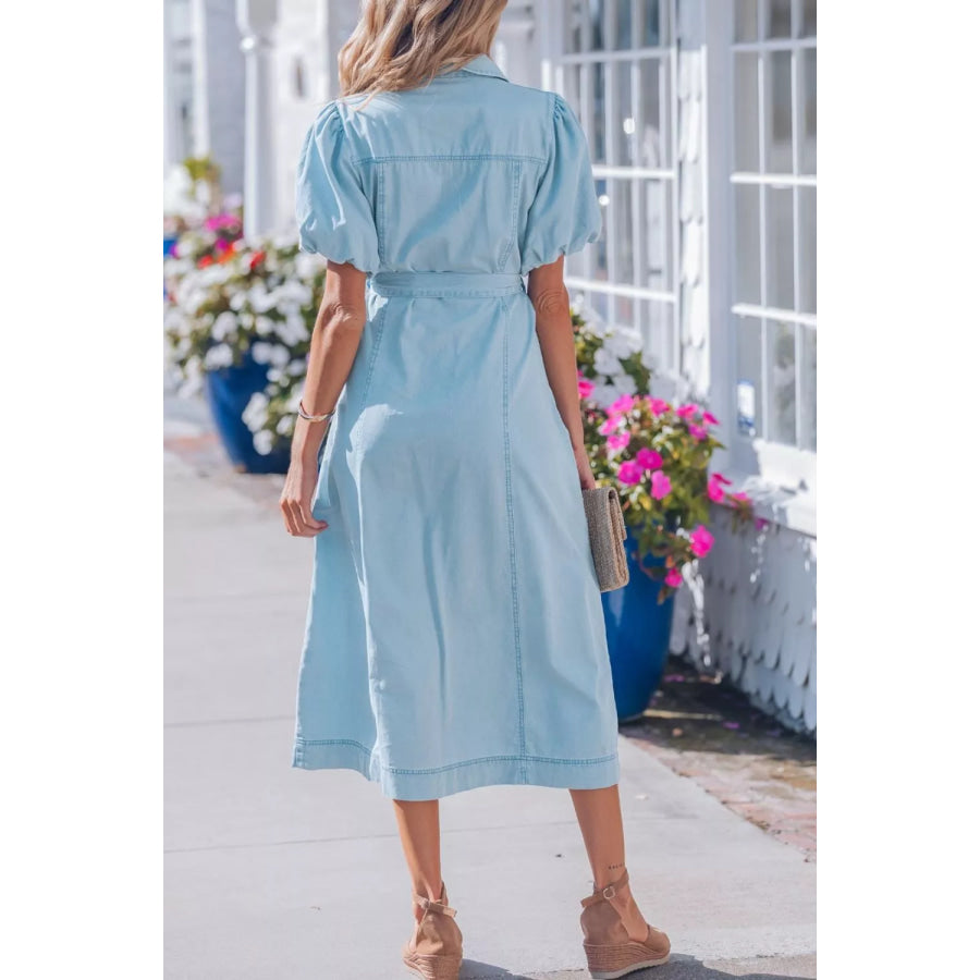 Full Buttons Collared Short Bubble Sleeve Long Denim Dress Apparel and Accessories