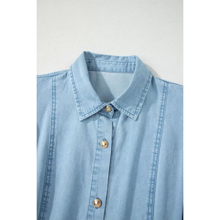 Full Buttons Collared Short Bubble Sleeve Long Denim Dress Apparel and Accessories