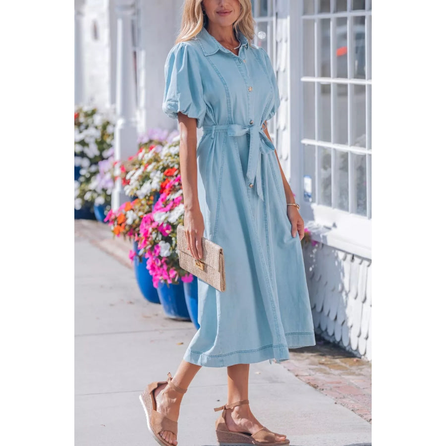 Full Buttons Collared Short Bubble Sleeve Long Denim Dress Apparel and Accessories