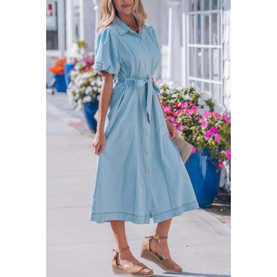 Full Buttons Collared Short Bubble Sleeve Long Denim Dress Apparel and Accessories