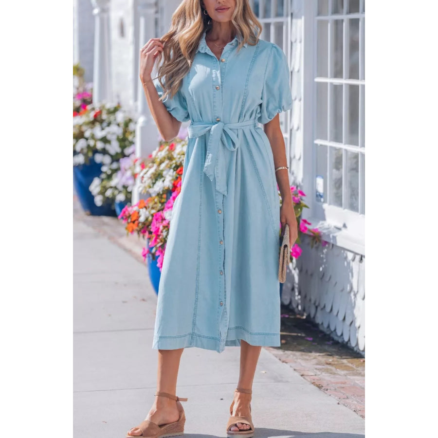 Full Buttons Collared Short Bubble Sleeve Long Denim Dress Light Blue / S Apparel and Accessories