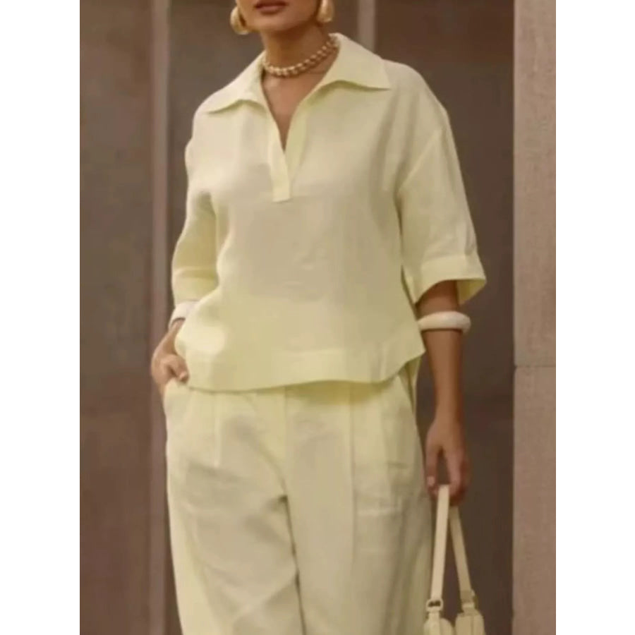 Full Size 3/4 Sleeve Top and Wide Leg Pants Set Plus Size Apparel and Accessories