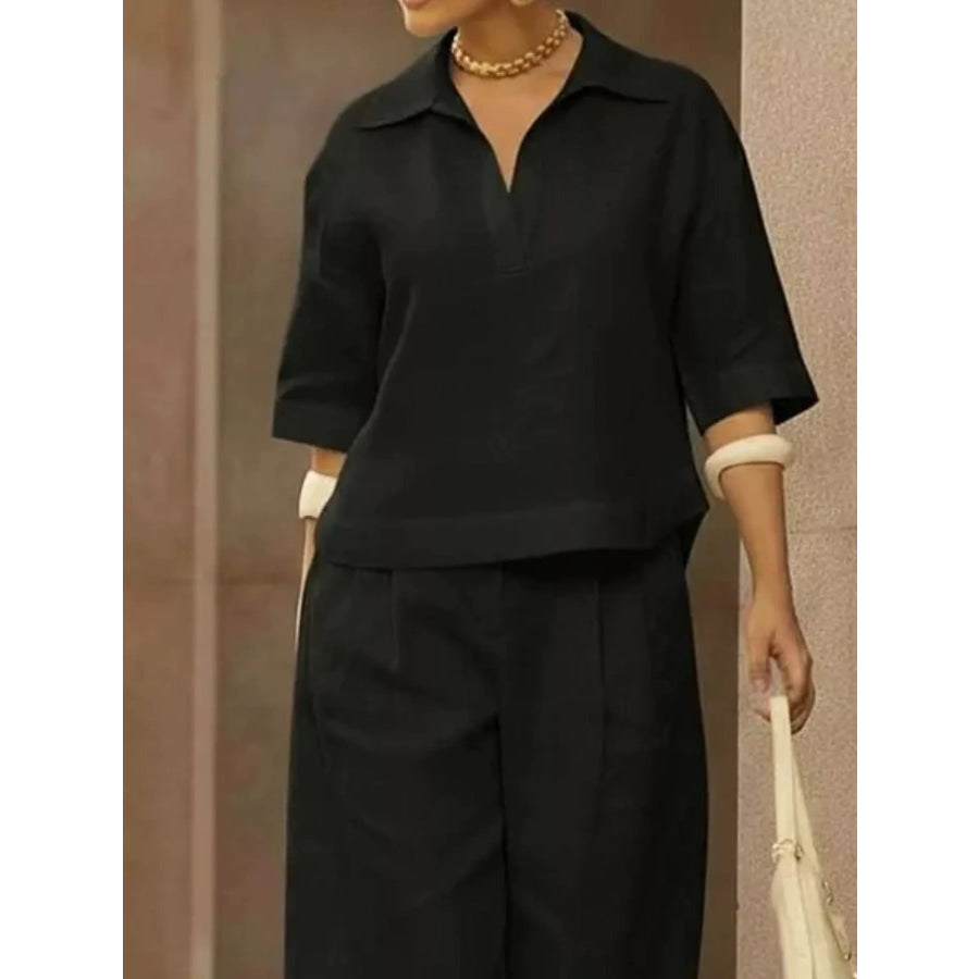 Full Size 3/4 Sleeve Top and Wide Leg Pants Set Plus Size Apparel and Accessories