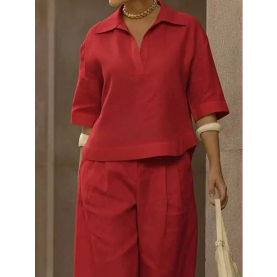Full Size 3/4 Sleeve Top and Wide Leg Pants Set Plus Size Apparel and Accessories