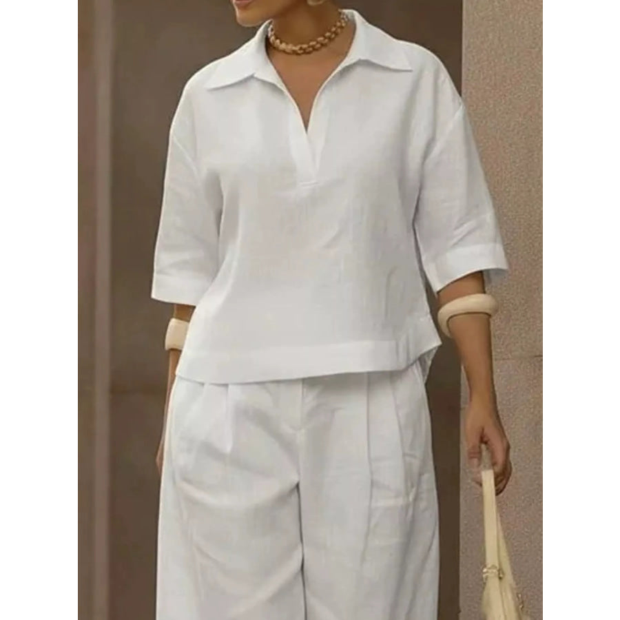 Full Size 3/4 Sleeve Top and Wide Leg Pants Set Plus Size Apparel and Accessories