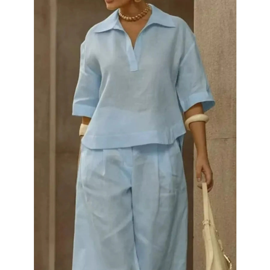 Full Size 3/4 Sleeve Top and Wide Leg Pants Set Plus Size Apparel and Accessories