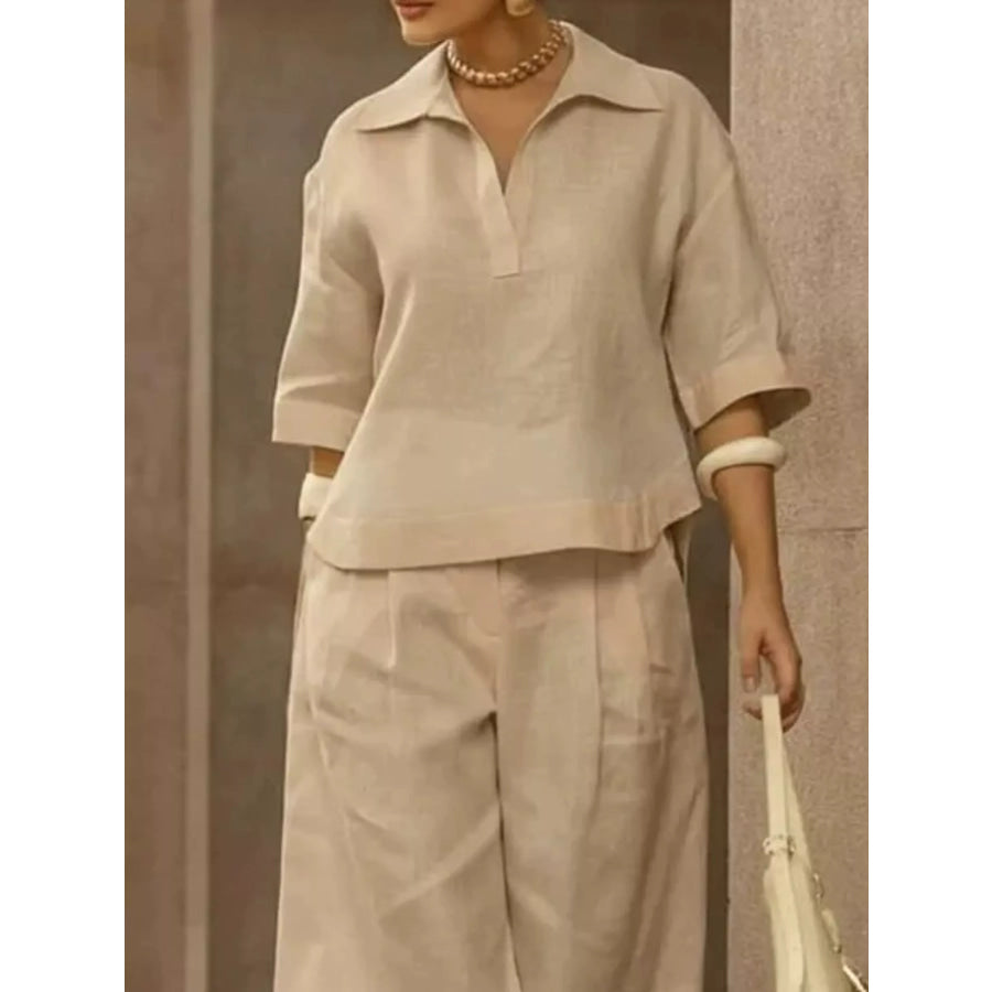 Full Size 3/4 Sleeve Top and Wide Leg Pants Set Plus Size Apparel and Accessories