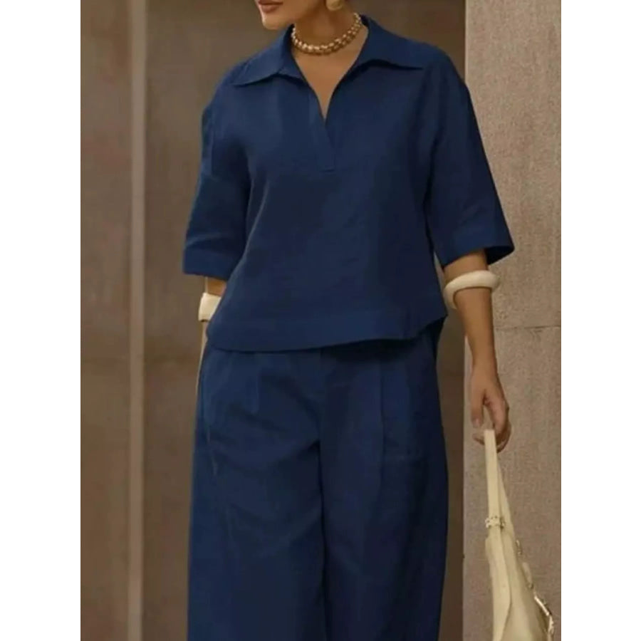 Full Size 3/4 Sleeve Top and Wide Leg Pants Set Plus Size Apparel and Accessories