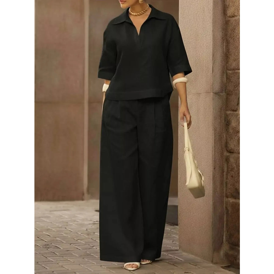 Full Size 3/4 Sleeve Top and Wide Leg Pants Set Plus Size Black / S Apparel and Accessories