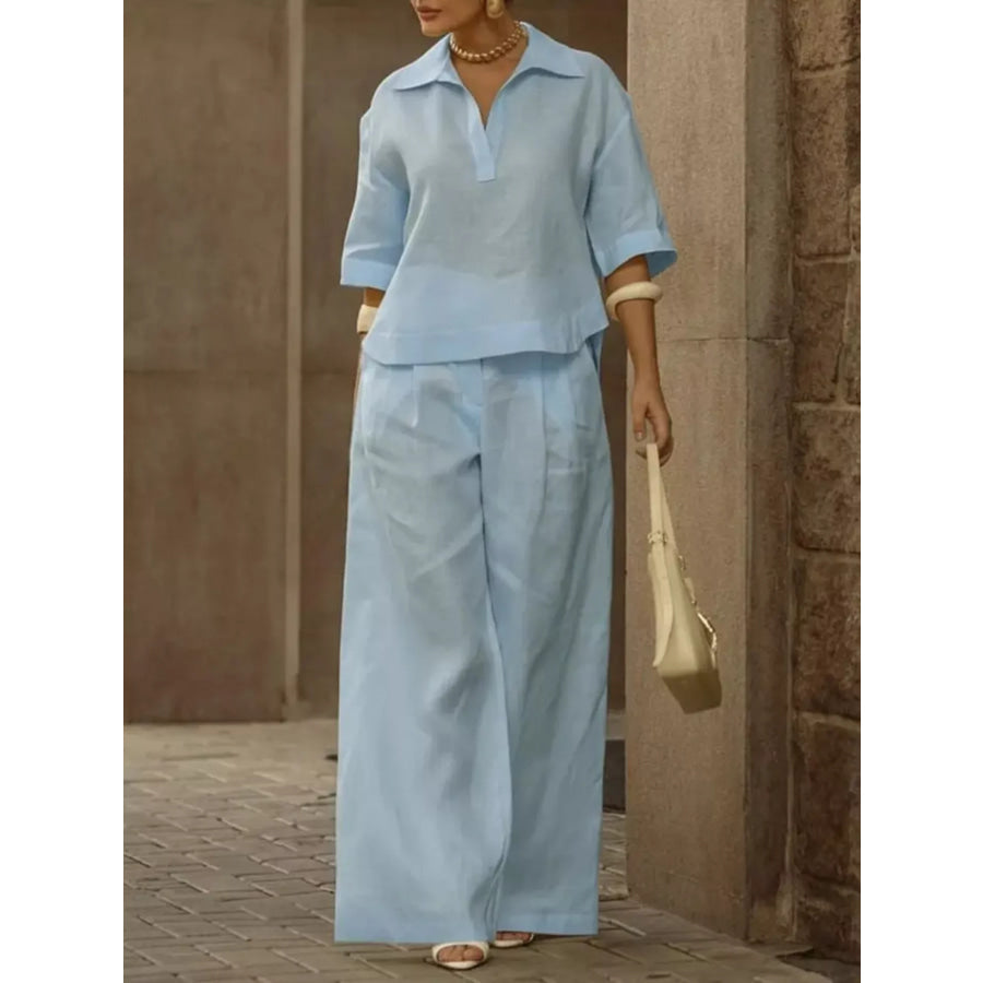 Full Size 3/4 Sleeve Top and Wide Leg Pants Set Plus Size Light Blue / S Apparel and Accessories