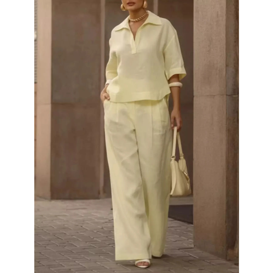 Full Size 3/4 Sleeve Top and Wide Leg Pants Set Plus Size Light Yellow / S Apparel and Accessories