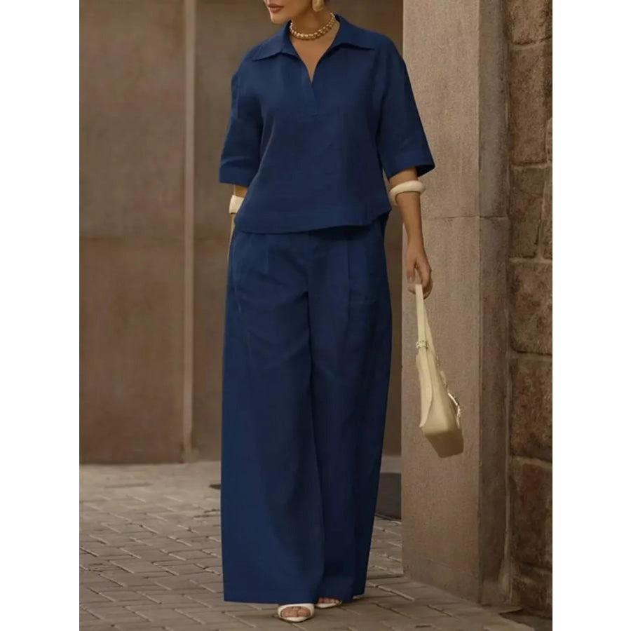 Full Size 3/4 Sleeve Top and Wide Leg Pants Set Plus Size Navy Blue / S Apparel and Accessories