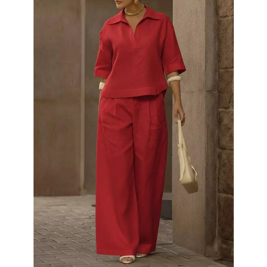Full Size 3/4 Sleeve Top and Wide Leg Pants Set Plus Size Red / S Apparel and Accessories
