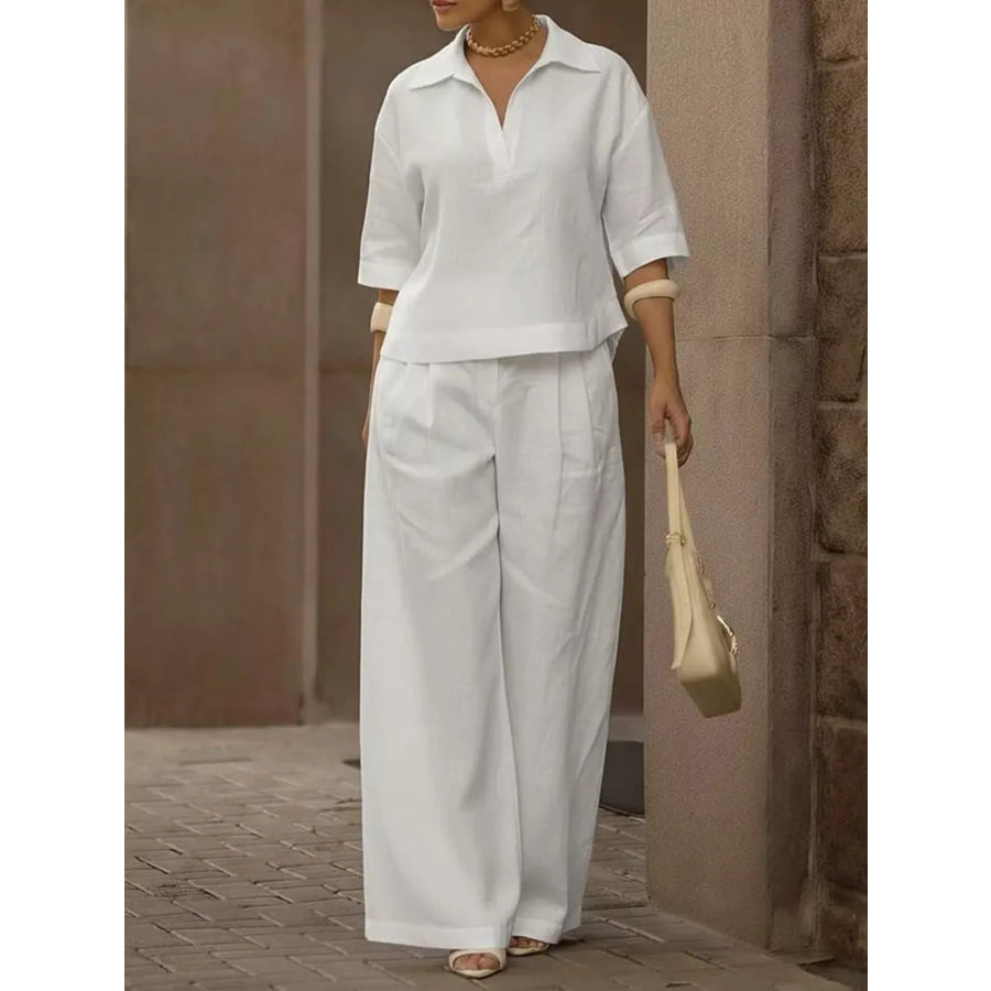 Full Size 3/4 Sleeve Top and Wide Leg Pants Set Plus Size White / S Apparel and Accessories