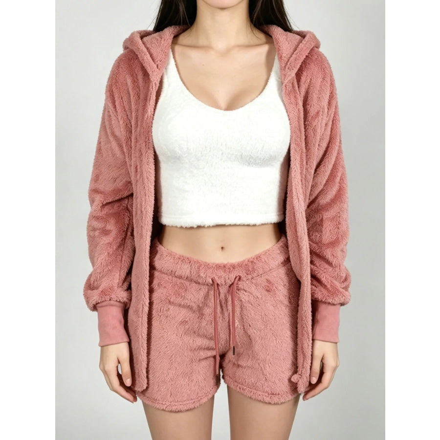 Full Size 3-Piece Fuzzy Plush Cardigan and Shorts Lounge Set with Crop Top Plus Apparel Accessories