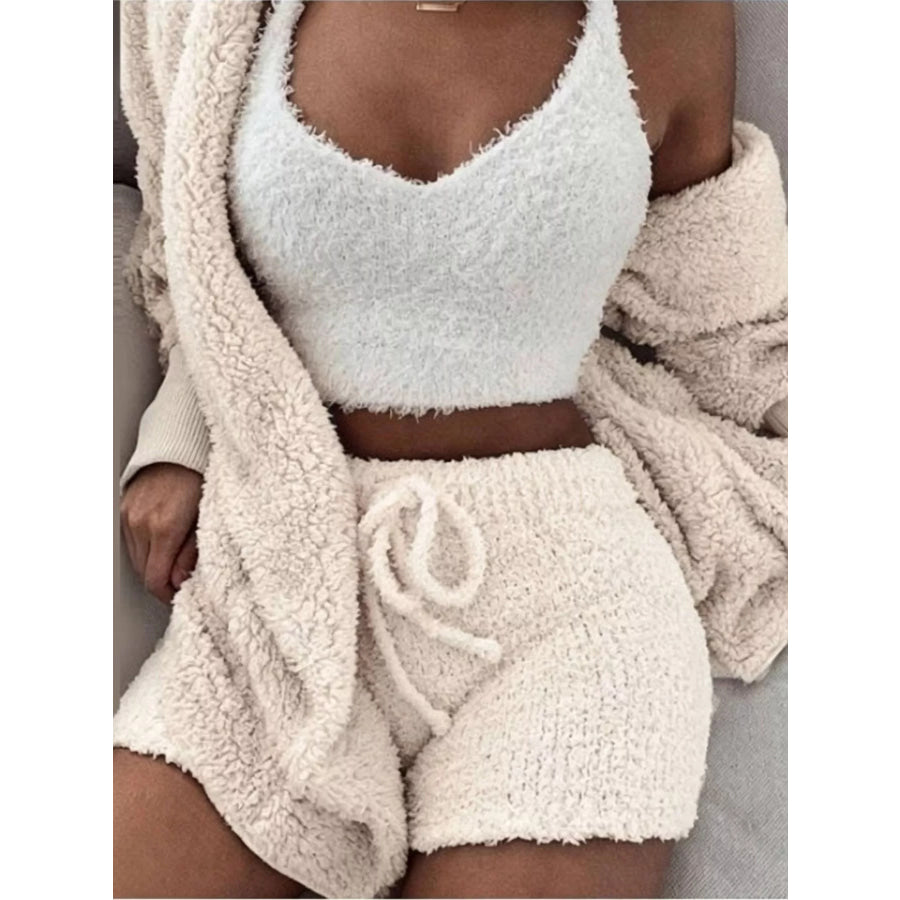 Full Size 3-Piece Fuzzy Plush Cardigan and Shorts Lounge Set with Crop Top Plus Beige White / S Apparel Accessories