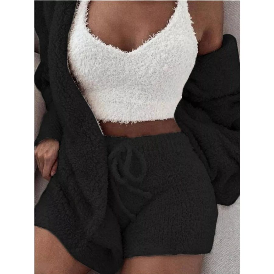 Full Size 3-Piece Fuzzy Plush Cardigan and Shorts Lounge Set with Crop Top Plus Black / S Apparel Accessories