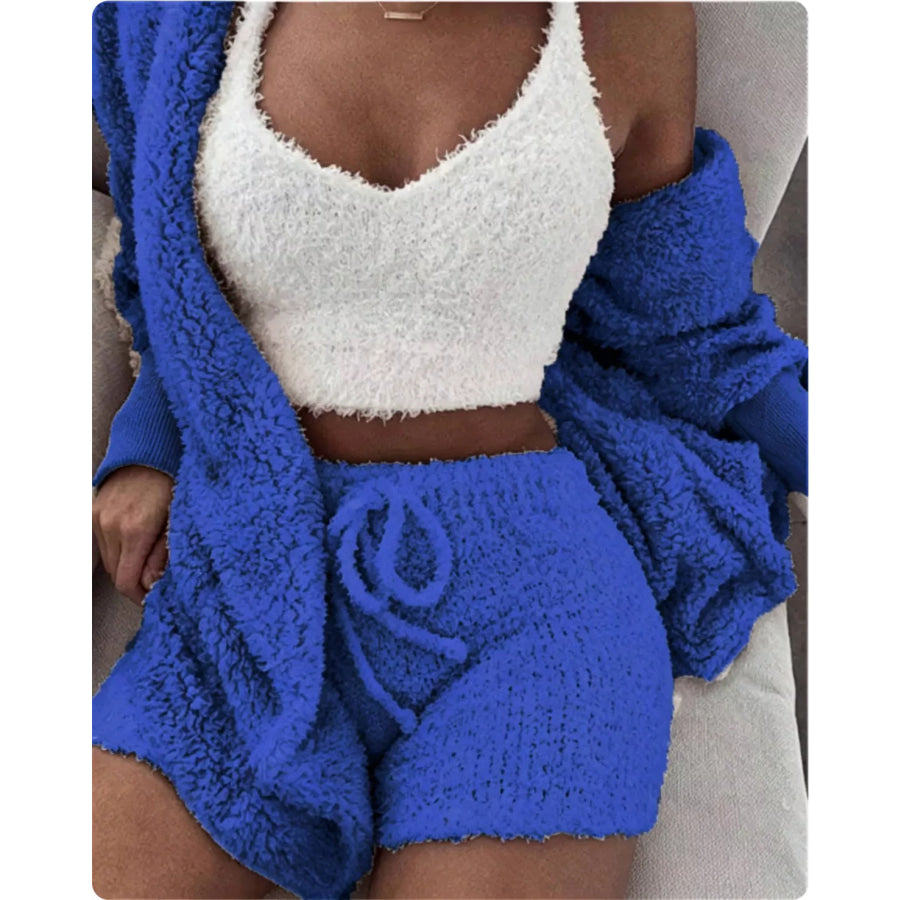 Full Size 3-Piece Fuzzy Plush Cardigan and Shorts Lounge Set with Crop Top Plus Dark Blue / S Apparel Accessories