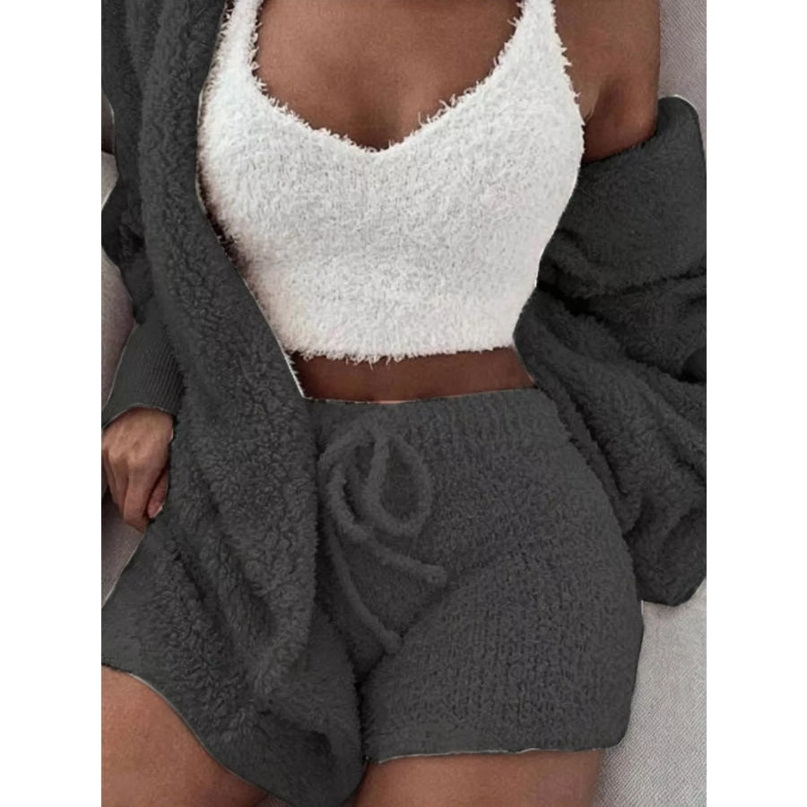 Full Size 3-Piece Fuzzy Plush Cardigan and Shorts Lounge Set with Crop Top Plus Dark Gray / S Apparel Accessories