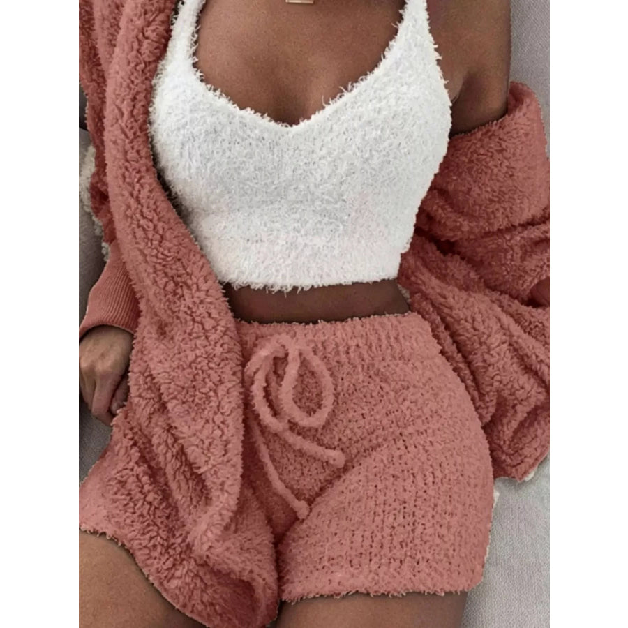Full Size 3-Piece Fuzzy Plush Cardigan and Shorts Lounge Set with Crop Top Plus Dark Pink / S Apparel Accessories