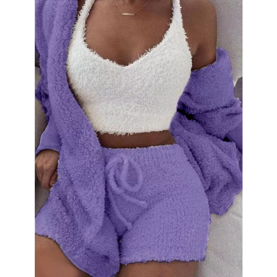 Full Size 3-Piece Fuzzy Plush Cardigan and Shorts Lounge Set with Crop Top Plus Dark Purple / S Apparel Accessories