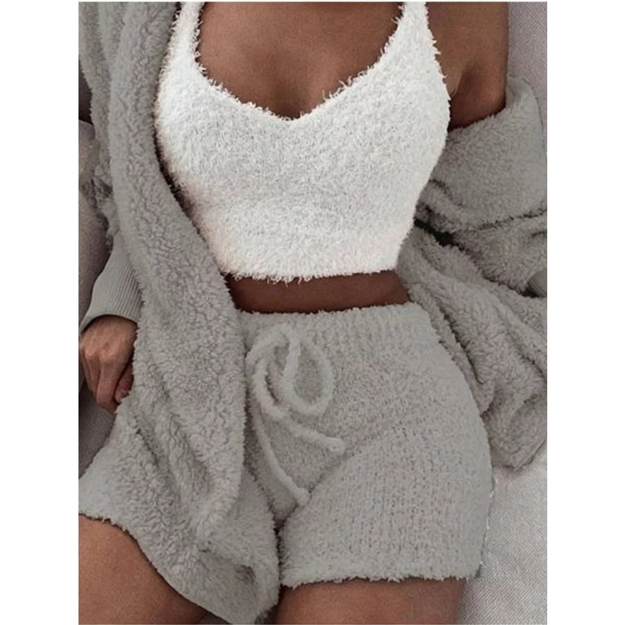 Full Size 3-Piece Fuzzy Plush Cardigan and Shorts Lounge Set with Crop Top Plus Grey / S Apparel Accessories