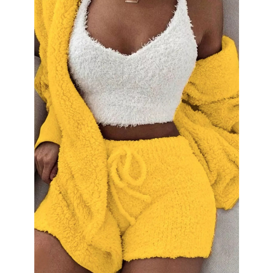 Full Size 3-Piece Fuzzy Plush Cardigan and Shorts Lounge Set with Crop Top Plus Lemon Yellow / S Apparel Accessories
