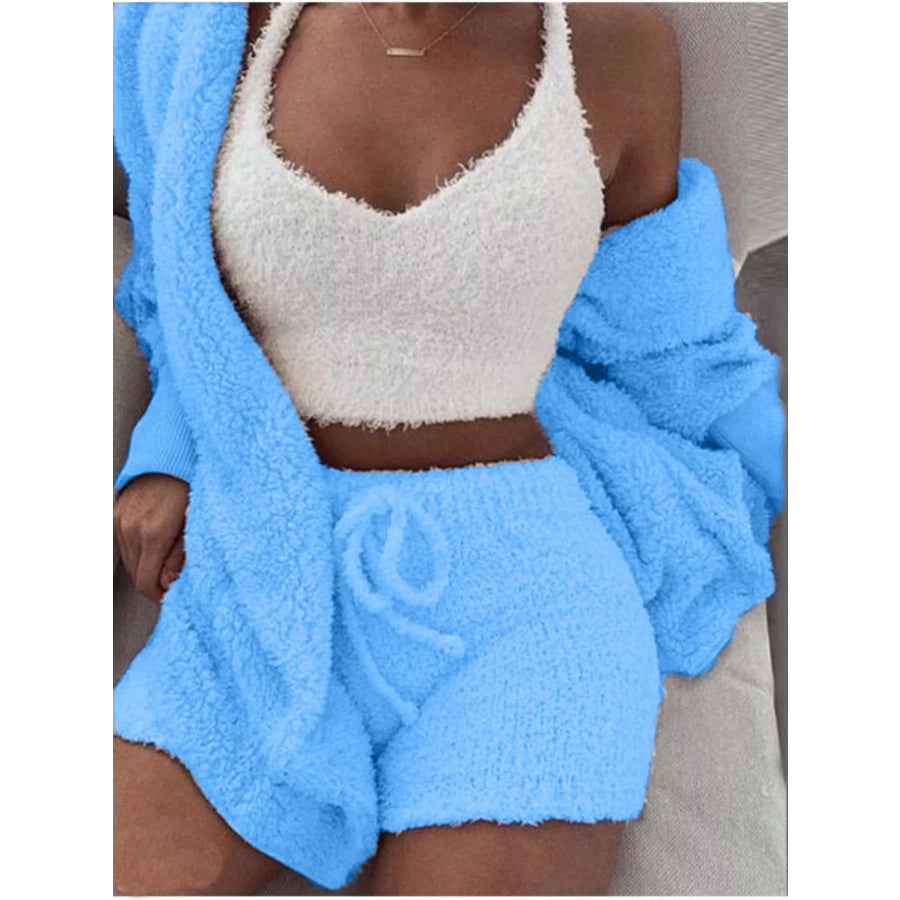 Full Size 3-Piece Fuzzy Plush Cardigan and Shorts Lounge Set with Crop Top Plus Light Blue / S Apparel Accessories