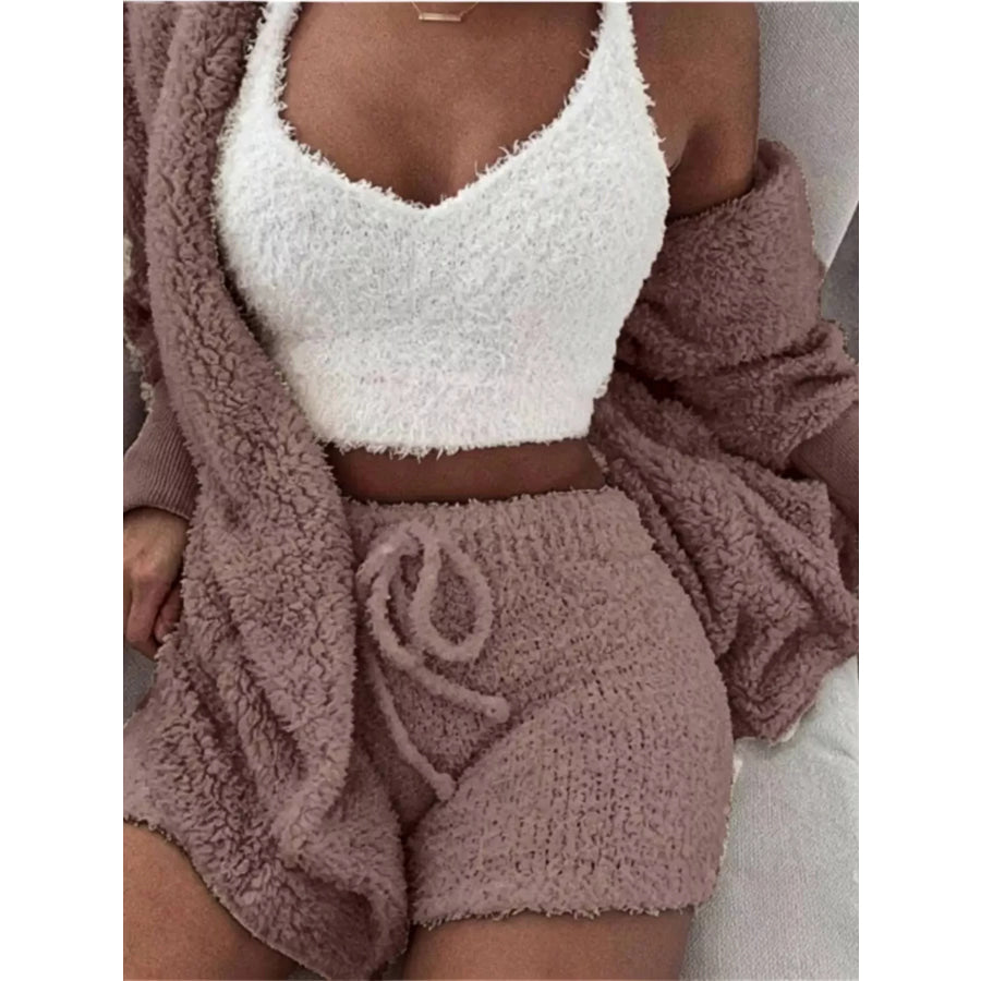 Full Size 3-Piece Fuzzy Plush Cardigan and Shorts Lounge Set with Crop Top Plus Medium Sand / S Apparel Accessories
