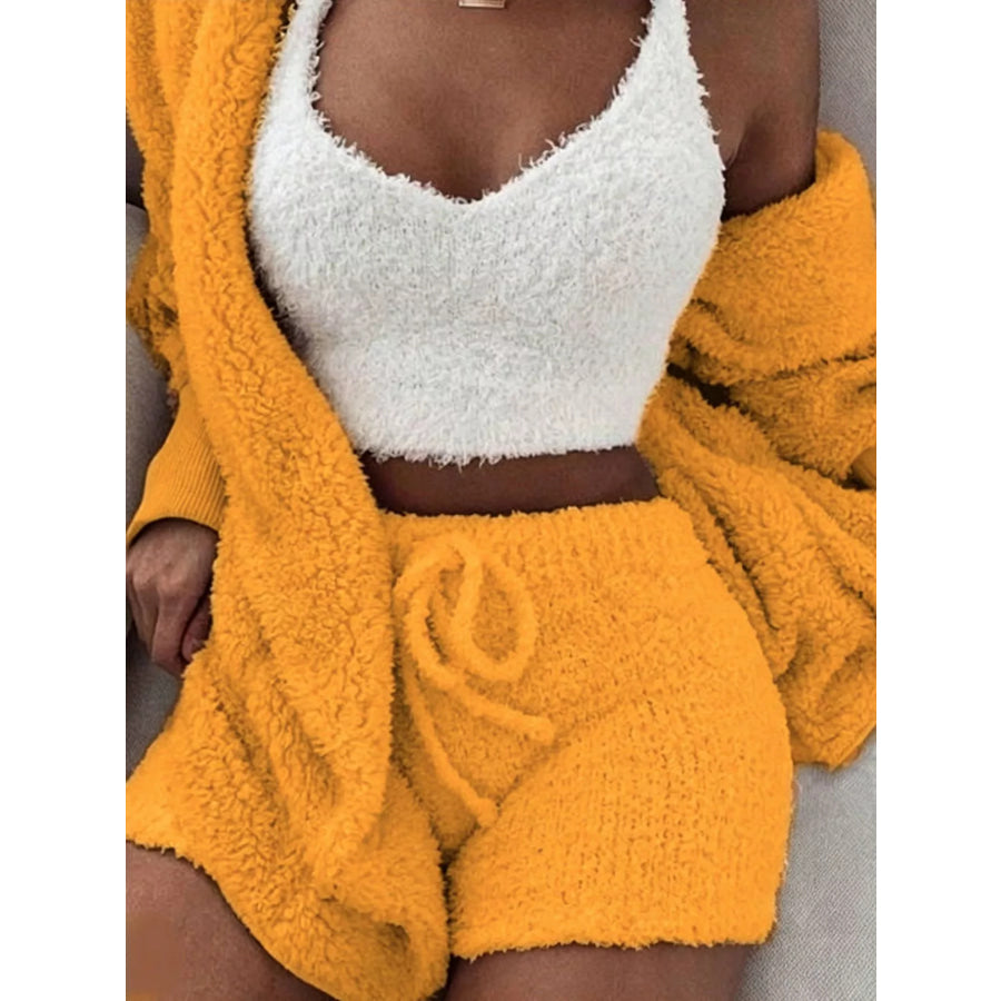 Full Size 3-Piece Fuzzy Plush Cardigan and Shorts Lounge Set with Crop Top Plus Orange / S Apparel Accessories