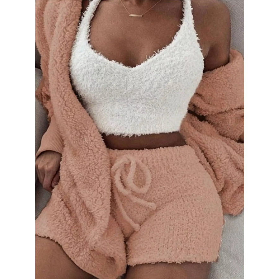 Full Size 3-Piece Fuzzy Plush Cardigan and Shorts Lounge Set with Crop Top Plus Pale Blush / S Apparel Accessories