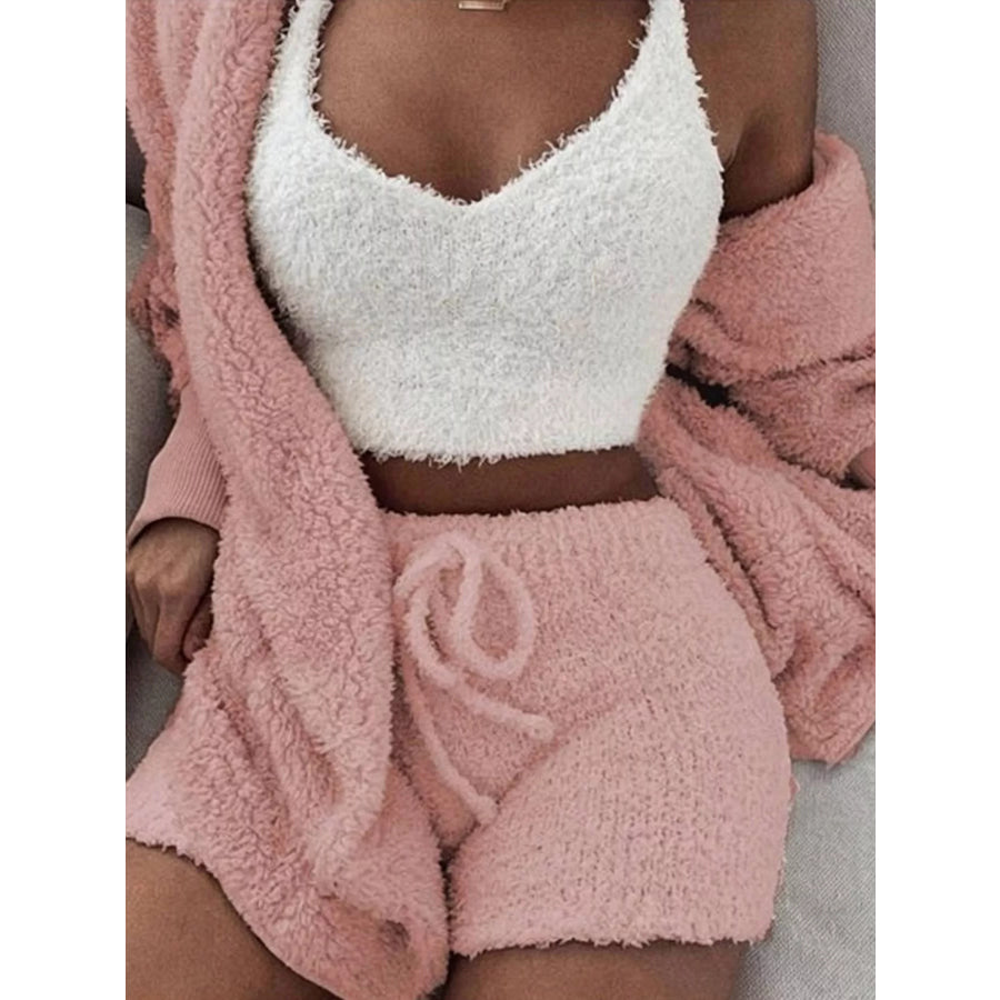 Full Size 3-Piece Fuzzy Plush Cardigan and Shorts Lounge Set with Crop Top Plus Pink / S Apparel Accessories